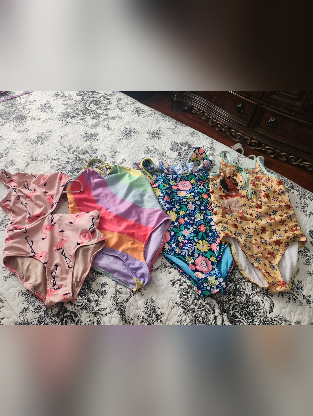 Kids One-Piece Swimsuit - Pink Flamingo, Rainbow, Floral & Yellow Star Prints 7-